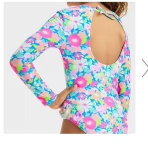 Cat & Jack girls' long-sleeve rashguard swimsuit in a multi-color floral print